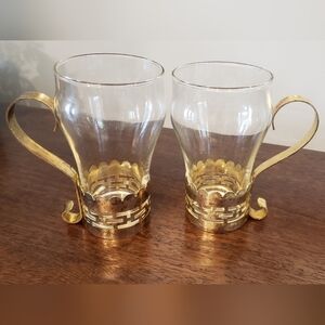 Vintage Glass Mugs with Brass Bands and Handles